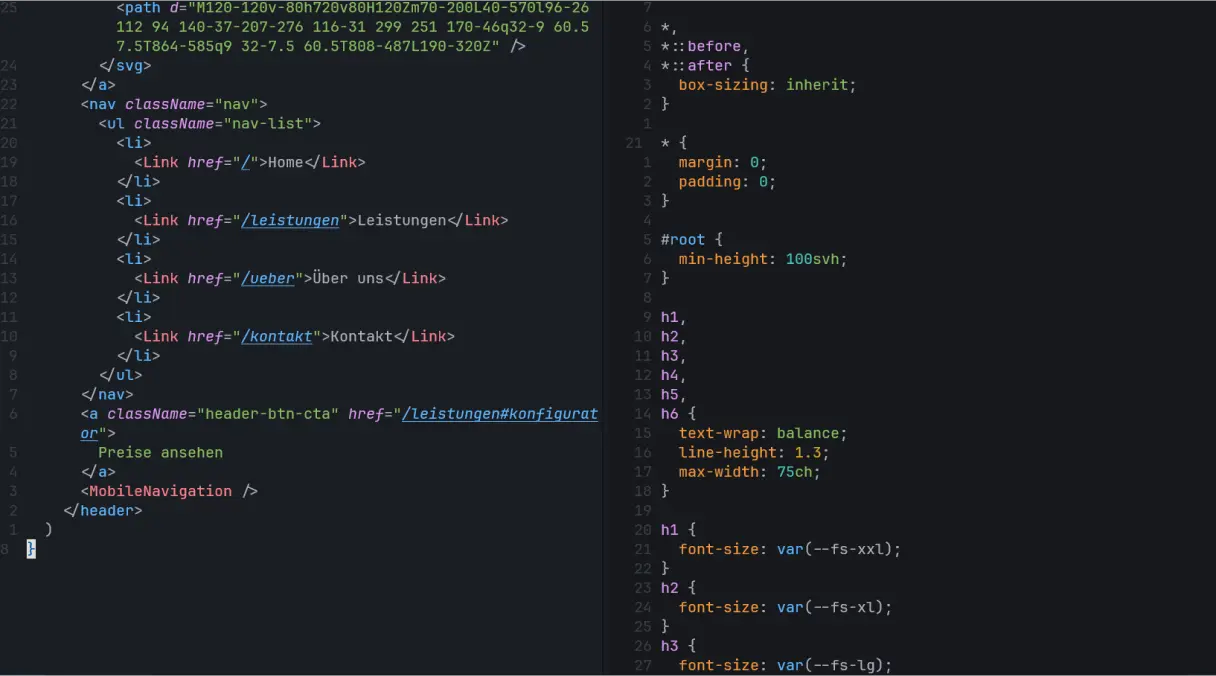 A screenshot that shows a pc code editing program with 2 windows open. The left side displays HTML and Javascript code. The right side displays CSS code.